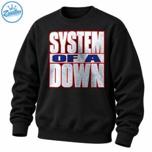 System of a Down logo with distressed silver-white lettering, red outlines, and navy blue accents