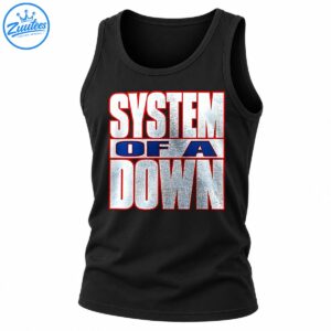 System of a Down logo with distressed silver-white lettering, red outlines, and navy blue accents