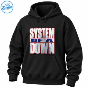 System of a Down logo with distressed silver-white lettering, red outlines, and navy blue accents