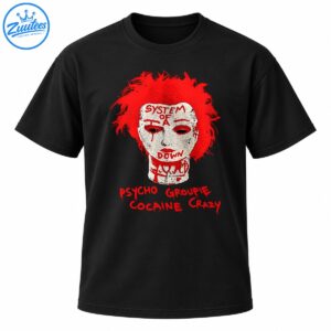 Distressed rock graphic with wild red hair, a pale face, SYSTEM OF A DOWN lettering, and red Psycho Groupie text