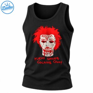 Distressed rock graphic with wild red hair, a pale face, SYSTEM OF A DOWN lettering, and red Psycho Groupie text