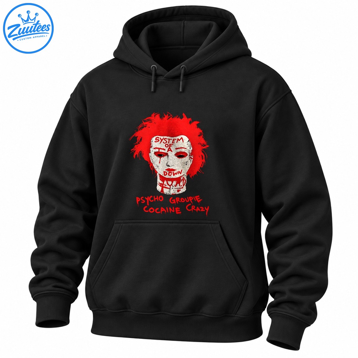 Distressed rock graphic with wild red hair, a pale face, SYSTEM OF A DOWN lettering, and red Psycho Groupie text Distressed rock graphic with wild red hair, a pale face, SYSTEM OF A DOWN lettering, and red Psycho Groupie text