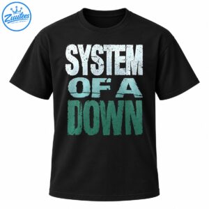 Distressed SYSTEM OF A DOWN lettering in icy blue, aqua, and deep teal-green