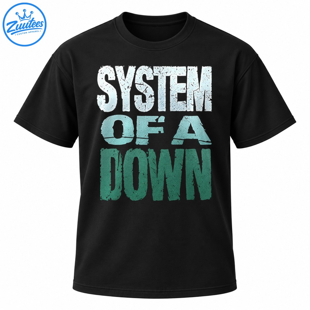 Distressed SYSTEM OF A DOWN lettering in icy blue, aqua, and deep teal green Distressed SYSTEM OF A DOWN lettering in icy blue, aqua, and deep teal-green