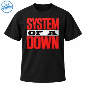 System Of A Down logo graphic with distressed red lettering and black text on a white horizontal band