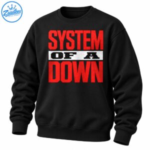 System Of A Down logo graphic with distressed red lettering and black text on a white horizontal band