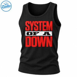 System Of A Down logo graphic with distressed red lettering and black text on a white horizontal band