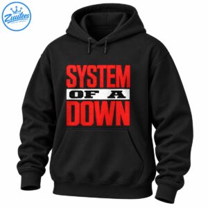 System Of A Down logo graphic with distressed red lettering and black text on a white horizontal band