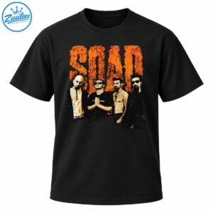 SOAD vintage graphic featuring distressed orange lettering and four band members in a gritty photo-style design