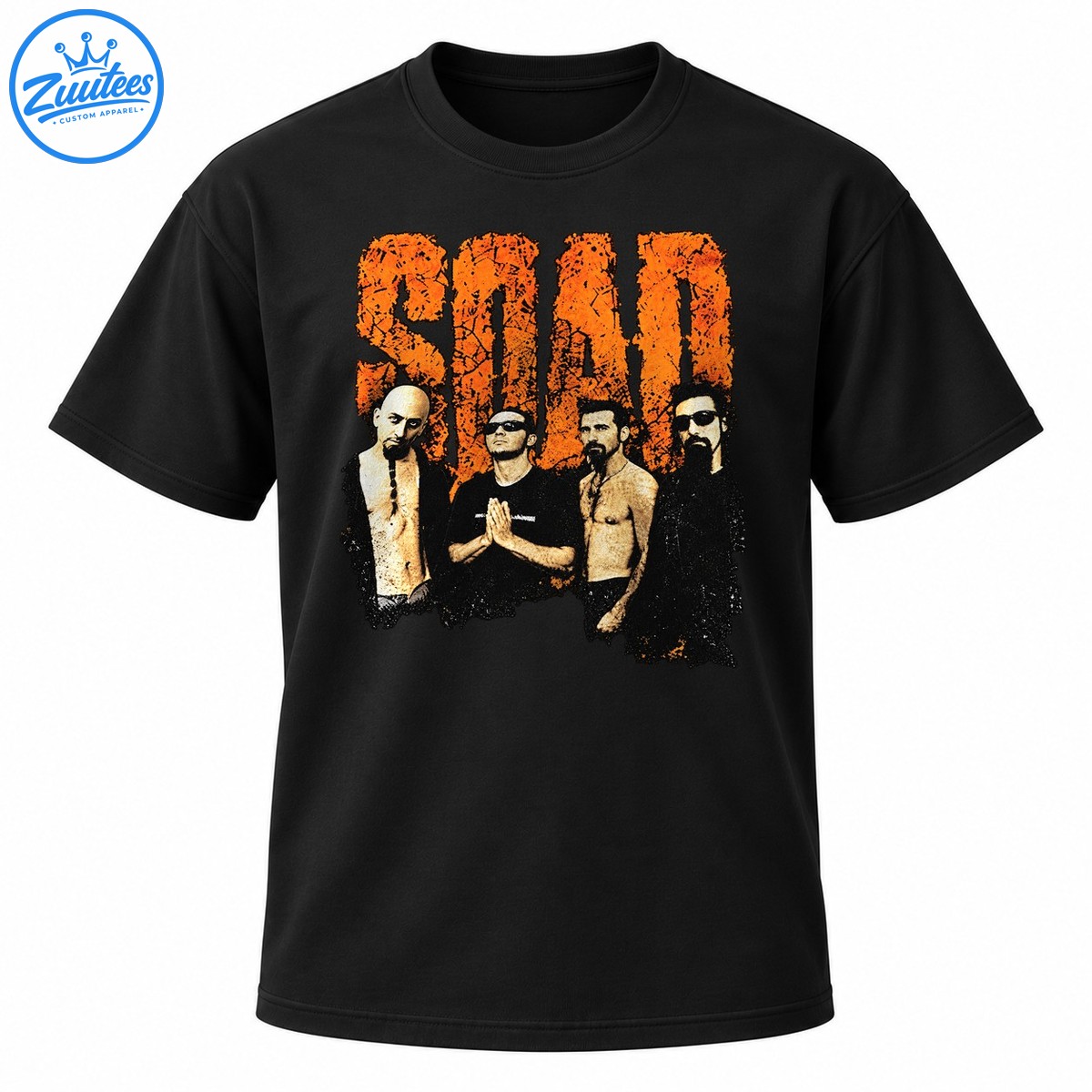 SOAD vintage graphic featuring distressed orange lettering and four band members in a gritty photo style design SOAD vintage graphic featuring distressed orange lettering and four band members in a gritty photo-style design