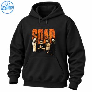 SOAD vintage graphic featuring distressed orange lettering and four band members in a gritty photo-style design