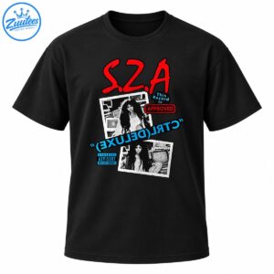 SZA graphic shirt design with red lettering, black and white photo collage, blue typography, and red approved stamp