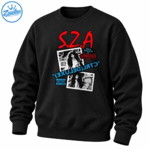 SZA graphic shirt design with red lettering, black and white photo collage, blue typography, and red approved stamp