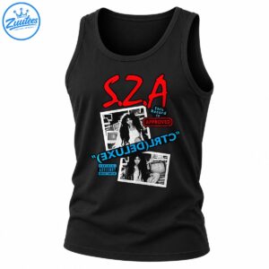 SZA graphic shirt design with red lettering, black and white photo collage, blue typography, and red approved stamp