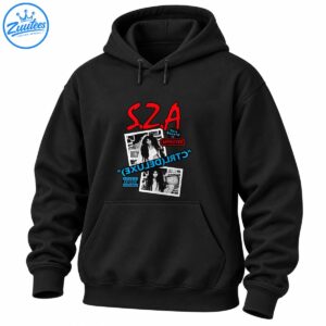 SZA graphic shirt design with red lettering, black and white photo collage, blue typography, and red approved stamp