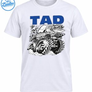 TAD vintage monster truck design with bold blue lettering, giant treaded tires, and detailed black and white grunge artwork