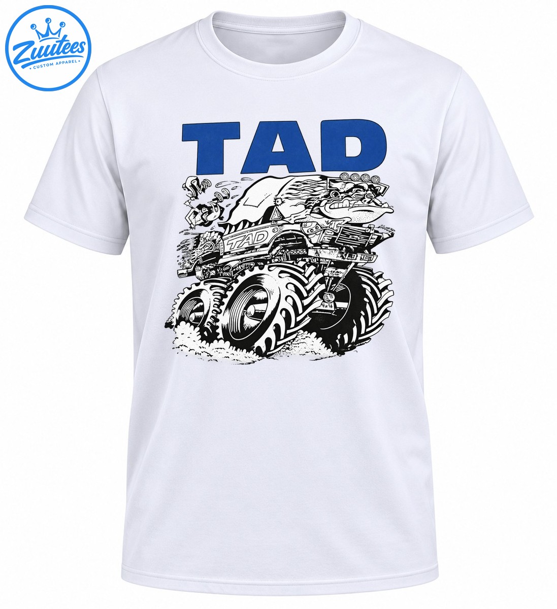 TAD vintage monster truck design with bold blue lettering, giant treaded tires, and detailed black and white grunge artwork TAD vintage monster truck design with bold blue lettering, giant treaded tires, and detailed black and white grunge artwork