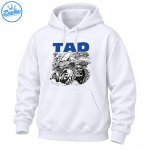 TAD vintage monster truck design with bold blue lettering, giant treaded tires, and detailed black and white grunge artwork