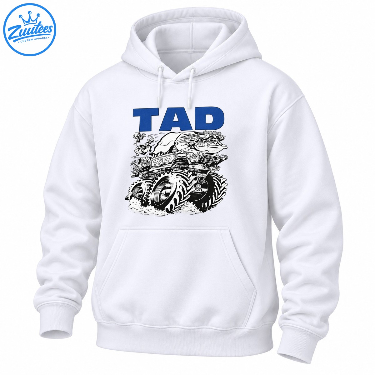 TAD vintage monster truck design with bold blue lettering, giant treaded tires, and detailed black and white grunge artwork TAD vintage monster truck design with bold blue lettering, giant treaded tires, and detailed black and white grunge artwork