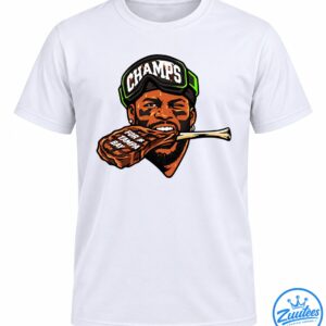 Football champion illustration wearing CHAMPS goggles and biting a steak labeled FOR TAMPA BAY