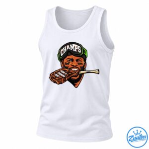 Football champion illustration wearing CHAMPS goggles and biting a steak labeled FOR TAMPA BAY