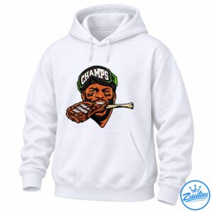 Football champion illustration wearing CHAMPS goggles and biting a steak labeled FOR TAMPA BAY