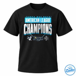 Tampa Bay Rays American League Champions graphic with oversized silver lettering, bright blue accents, and three baseball emblems.