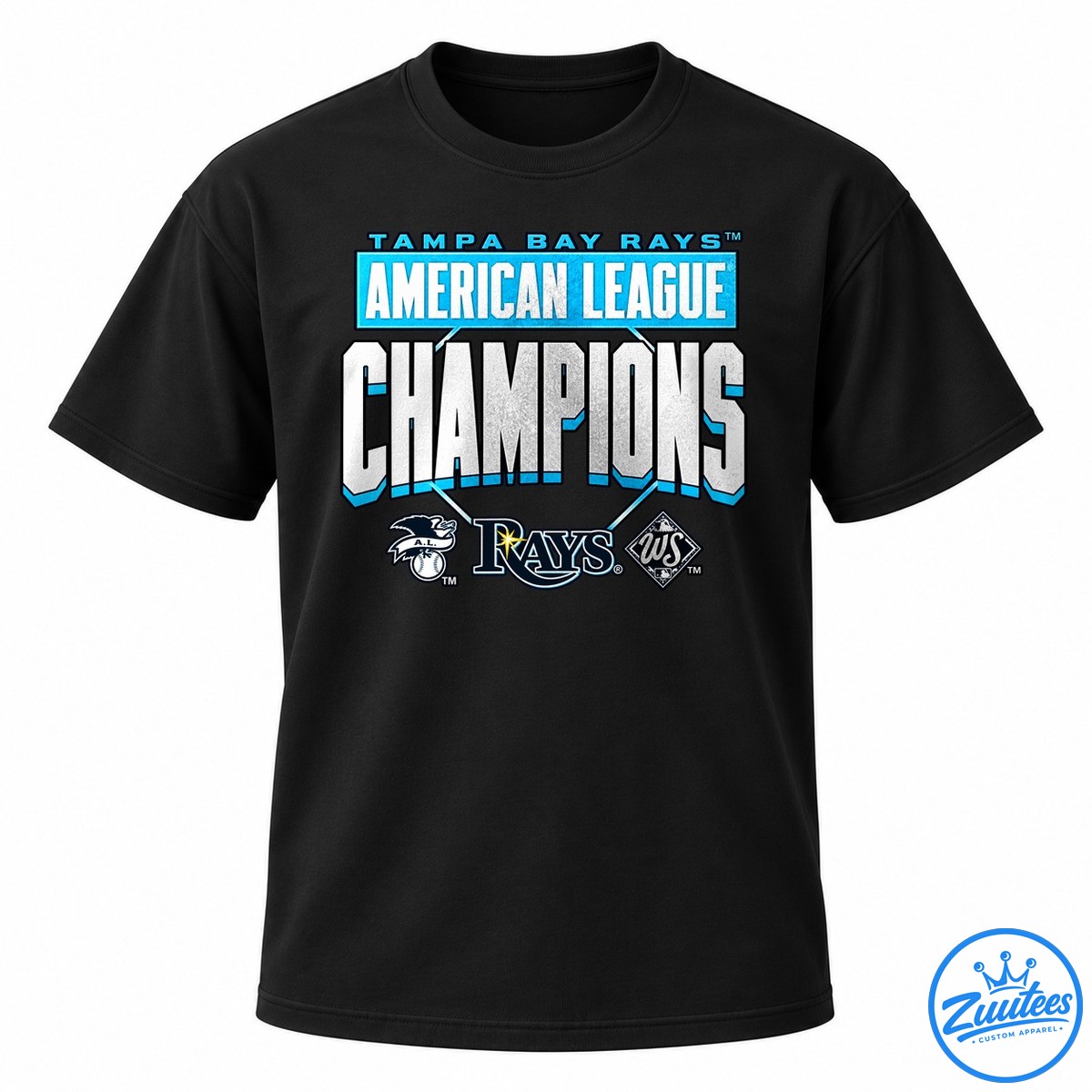 Tampa Bay Rays American League Champions Name And Number Logo Shirt Tampa Bay Rays American League Champions graphic with oversized silver lettering, bright blue accents, and three baseball emblems.
