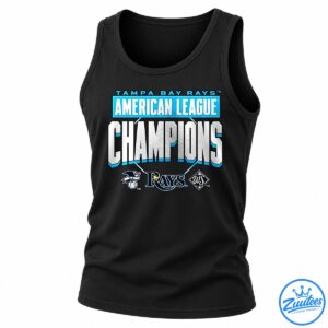 Tampa Bay Rays American League Champions graphic with oversized silver lettering, bright blue accents, and three baseball emblems.