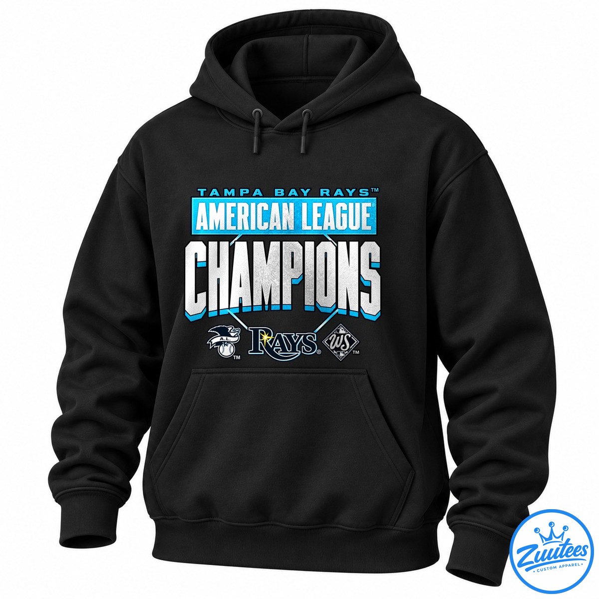 Tampa Bay Rays American League Champions Name And Number Logo Shirt Tampa Bay Rays American League Champions graphic with oversized silver lettering, bright blue accents, and three baseball emblems.