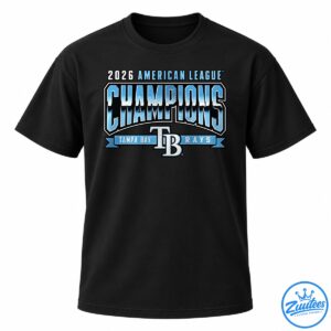 Tampa Bay Rays 2026 American League Champions graphic with blue and white lettering, ribbon banner, and TB emblem