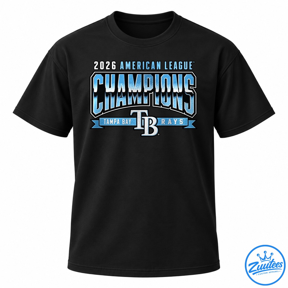 Tampa Bay Rays American League Champions Name Roster Shirt Tampa Bay Rays 2026 American League Champions graphic with blue and white lettering, ribbon banner, and TB emblem