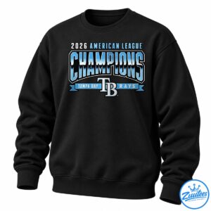 Tampa Bay Rays 2026 American League Champions graphic with blue and white lettering, ribbon banner, and TB emblem