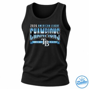 Tampa Bay Rays 2026 American League Champions graphic with blue and white lettering, ribbon banner, and TB emblem