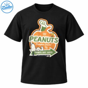 Tampa Bay Rays Peanuts pumpkin shirt with Snoopy, Woodstock, green lettering, and a vintage autumn banner