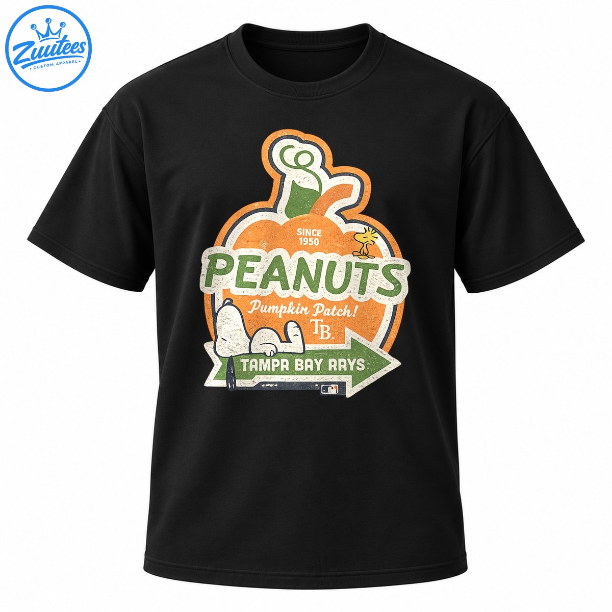 Tampa Bay Rays Peanuts pumpkin shirt with Snoopy, Woodstock, green lettering, and a vintage autumn banner Tampa Bay Rays Peanuts pumpkin shirt with Snoopy, Woodstock, green lettering, and a vintage autumn banner