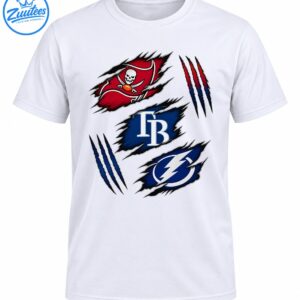 Tampa Bay sports graphic with a red pirate flag, white TB lettering, blue lightning bolt, and ripped fabric effects