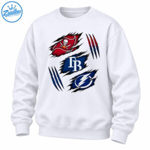 Tampa Bay sports graphic with a red pirate flag, white TB lettering, blue lightning bolt, and ripped fabric effects