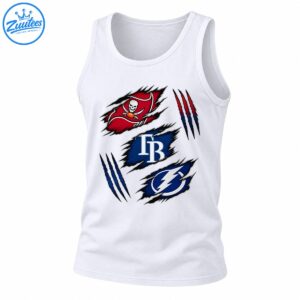Tampa Bay sports graphic with a red pirate flag, white TB lettering, blue lightning bolt, and ripped fabric effects