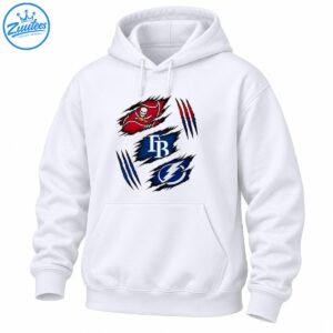 Tampa Bay sports graphic with a red pirate flag, white TB lettering, blue lightning bolt, and ripped fabric effects