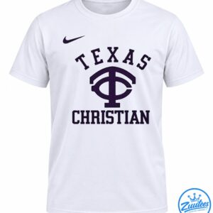 Deep purple throwback graphic with TEXAS and CHRISTIAN lettering, a large central emblem, and a small swoosh-shaped accent on black.
