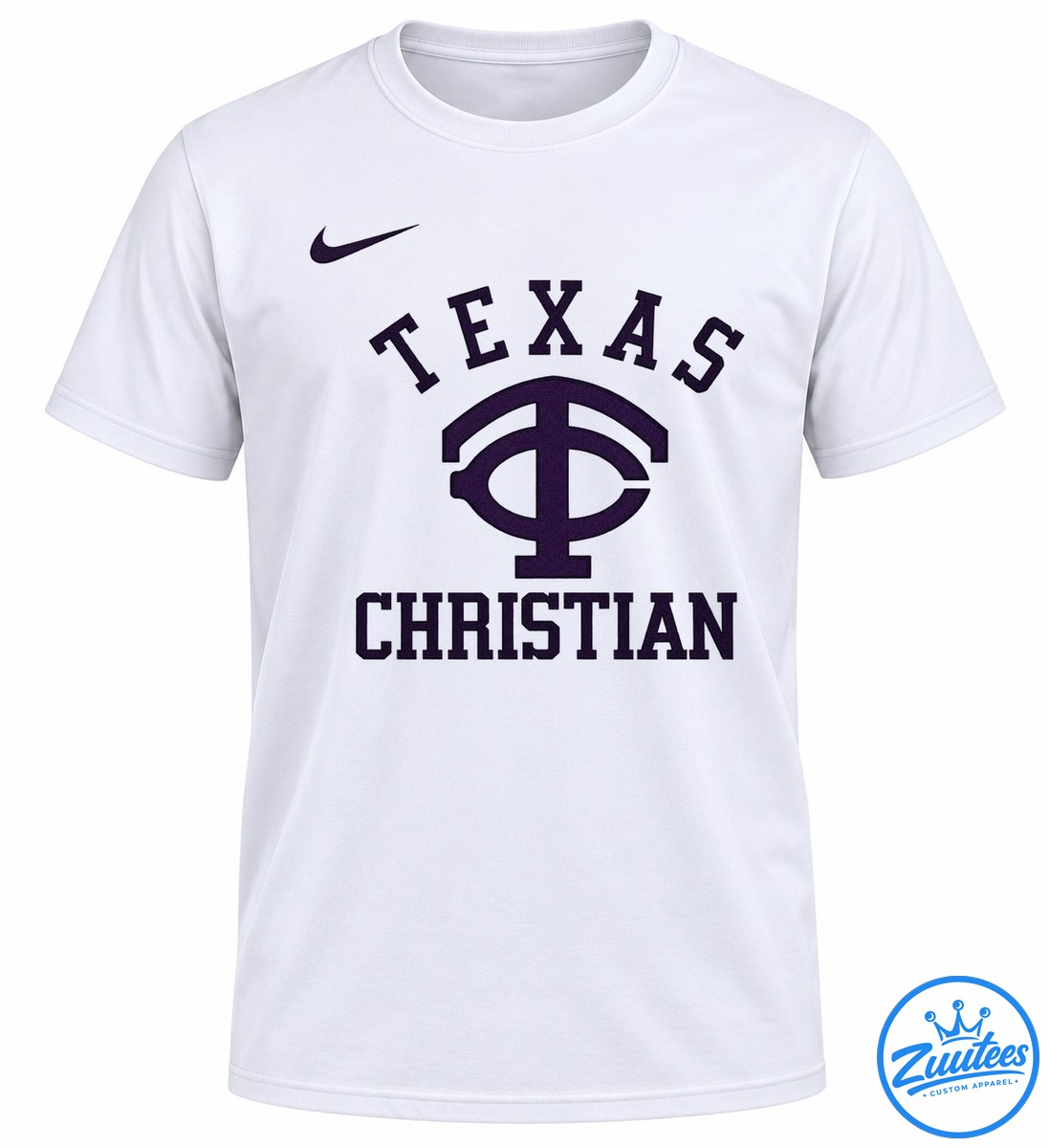 Tcu Horned Frogs X Texas Christian Mascot Throwback Mascot Shirt Deep purple throwback graphic with TEXAS and CHRISTIAN lettering, a large central emblem, and a small swoosh-shaped accent on black.