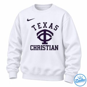 Deep purple throwback graphic with TEXAS and CHRISTIAN lettering, a large central emblem, and a small swoosh-shaped accent on black.