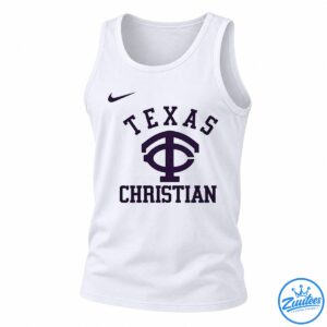 Deep purple throwback graphic with TEXAS and CHRISTIAN lettering, a large central emblem, and a small swoosh-shaped accent on black.