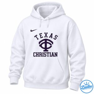 Deep purple throwback graphic with TEXAS and CHRISTIAN lettering, a large central emblem, and a small swoosh-shaped accent on black.