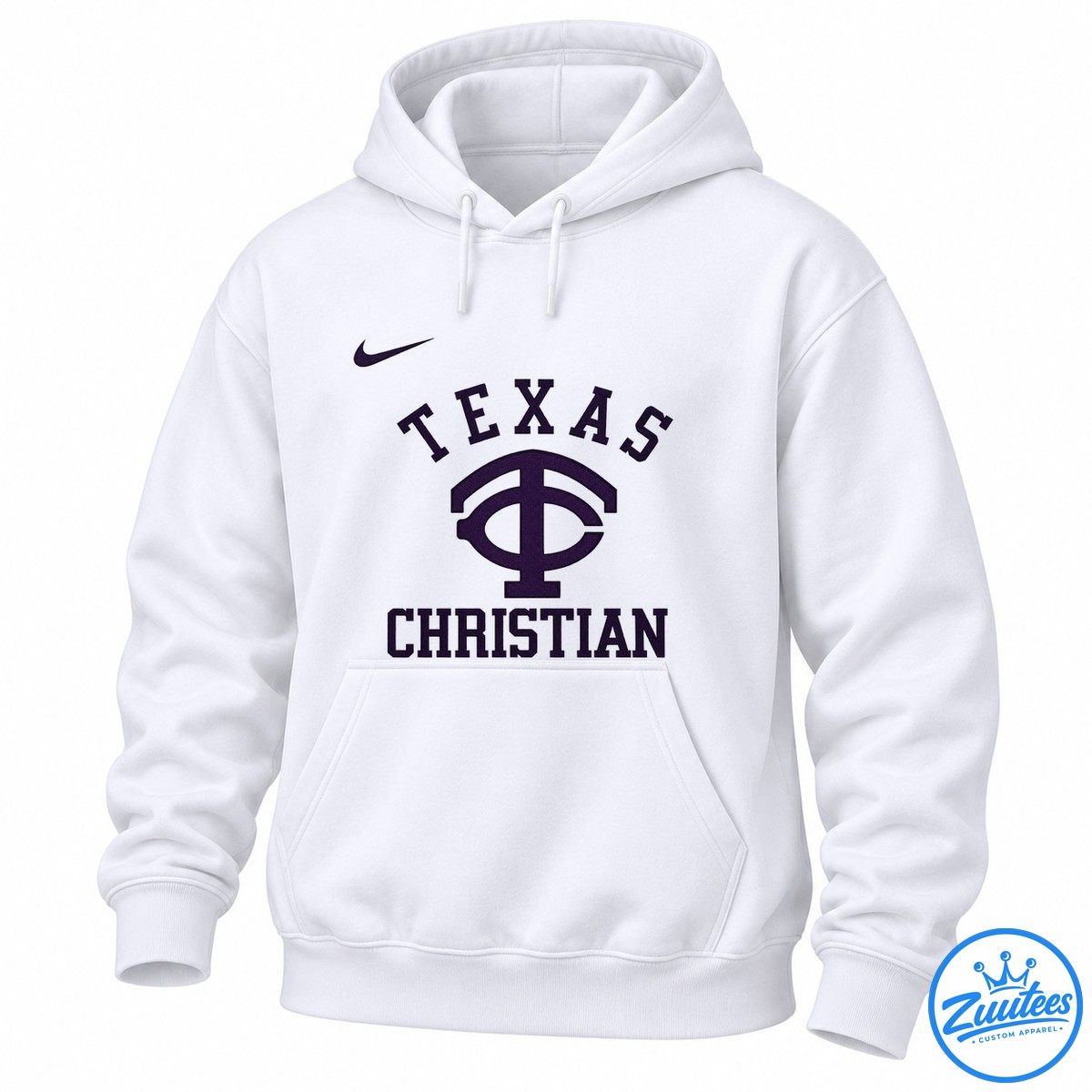 Tcu Horned Frogs X Texas Christian Mascot Throwback Mascot Shirt Deep purple throwback graphic with TEXAS and CHRISTIAN lettering, a large central emblem, and a small swoosh-shaped accent on black.