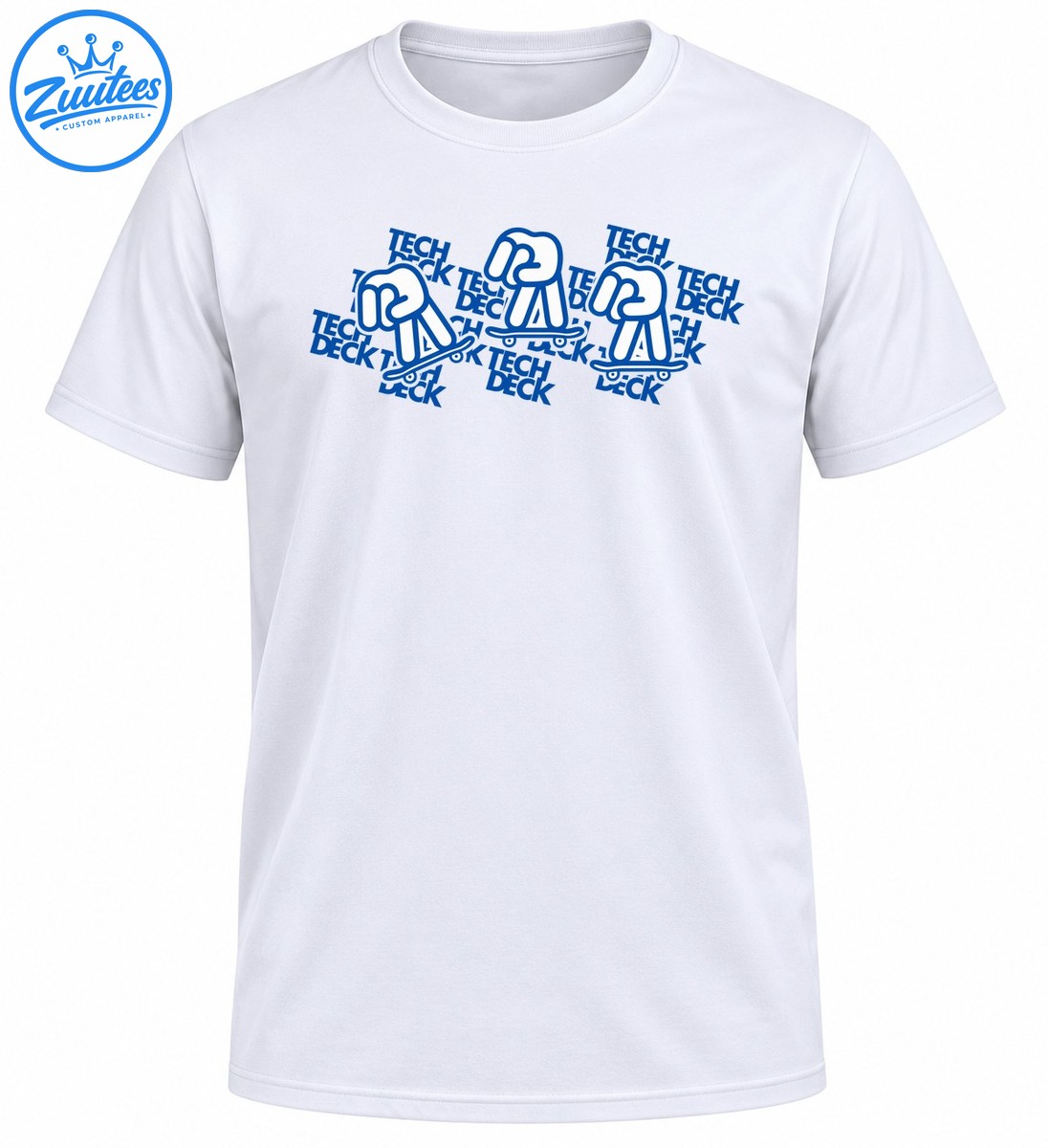 Tech Deck fingerboard skater shirt graphic with three blue cartoon skateboard figures and repeated TECH DECK lettering Tech Deck fingerboard skater shirt graphic with three blue cartoon skateboard figures and repeated TECH DECK lettering