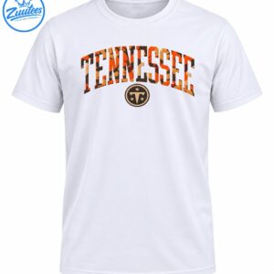 Tennessee wordmark shirt design with distressed orange camouflage varsity lettering and a circular three-star T emblem
