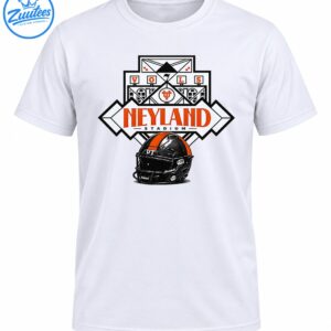 Tennessee Volunteers Neyland Stadium graphic with orange lettering, geometric black and white artwork, and a black football helmet