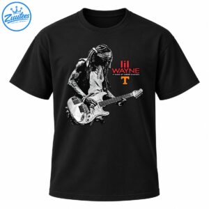 Distressed black and white guitarist portrait with red lil WAYNE lettering, Carter Classics text, and orange T graphic.